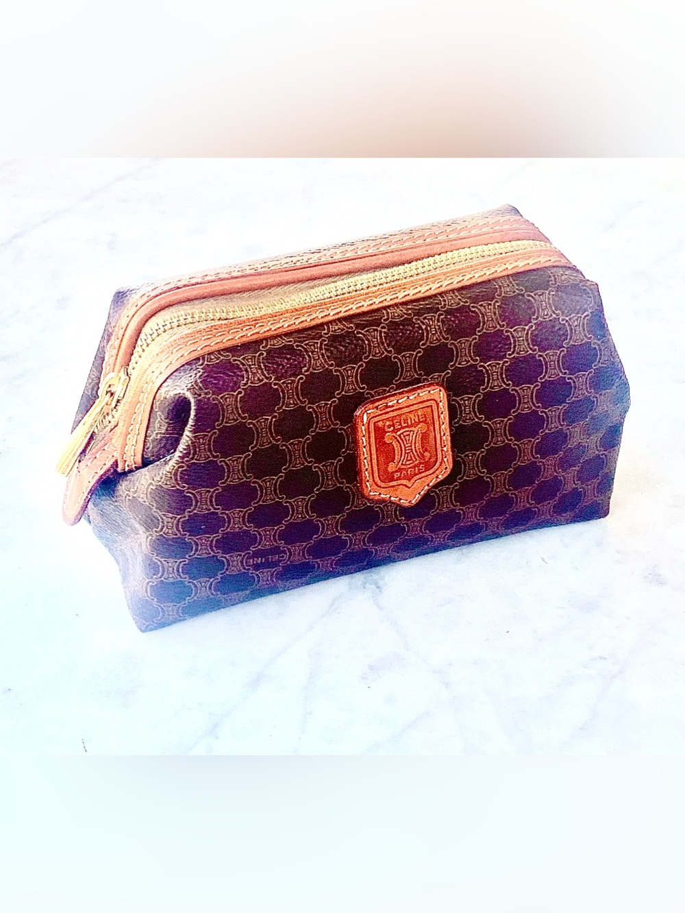 CELINE MACADAM TRIOMPHE COSMETIC Brown Monogram Pouch Tan Trim VINTAGE 90โs 6IN